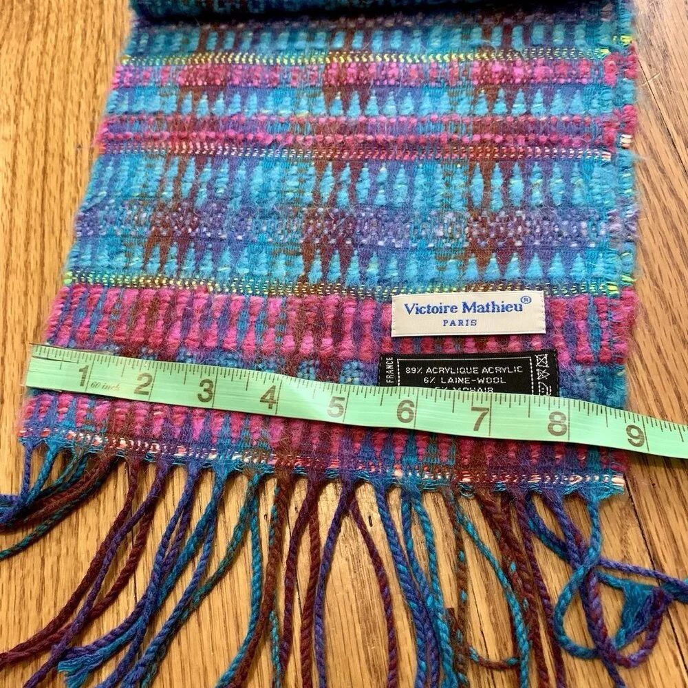 VICTOIRE MATHIEU Paris VTG Pink/Blue Soft Wool/Mohair Blended Scarf w/ Fringe